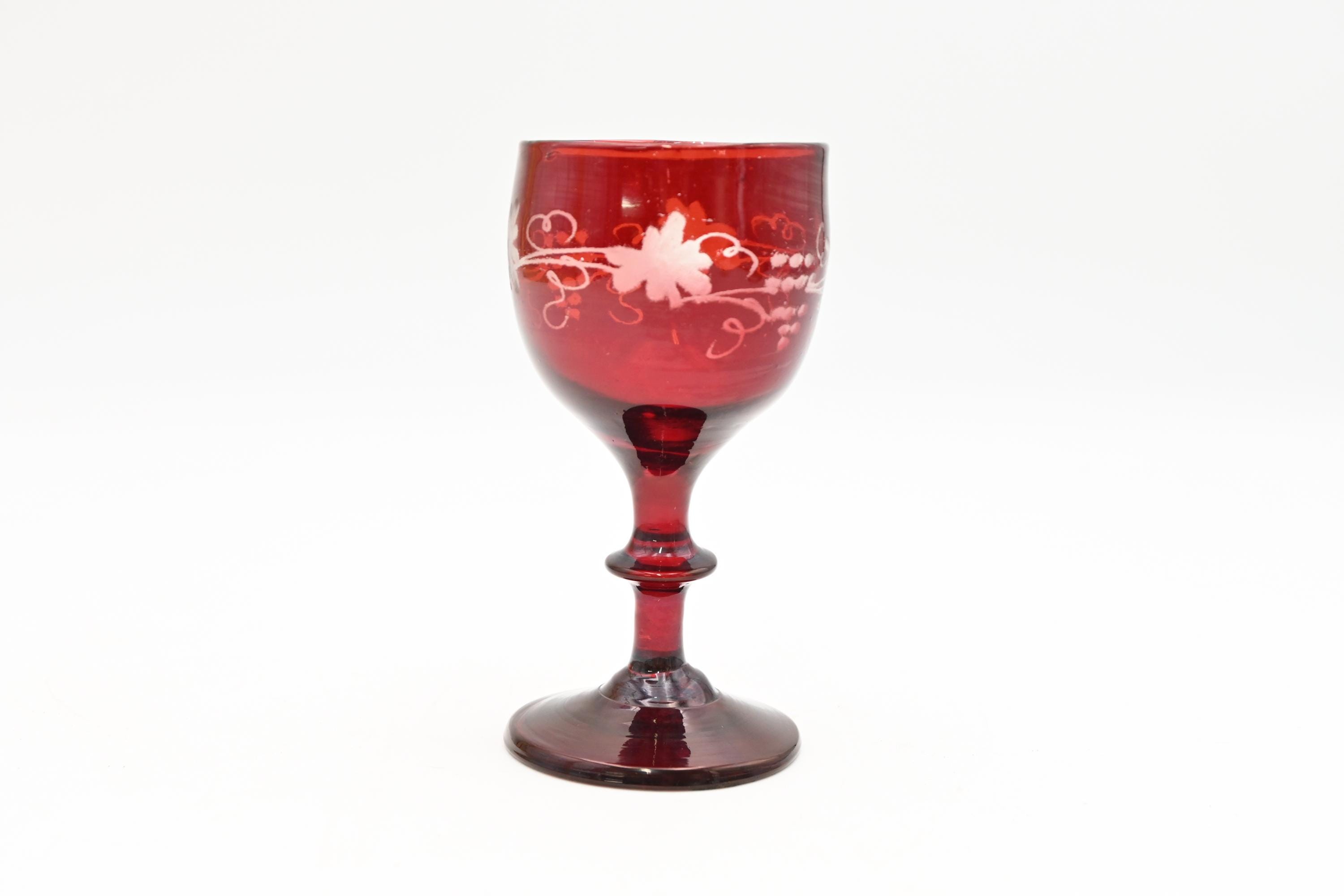 Vintage Ruby Red Cranberry Cut To Clear Bohemian Small Stem Cordial Glass Goblet