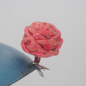 Vintage Christmas Ornament Blown Glass Dark Pink Rose Flower Clip On Christmas Ornament German Box #21