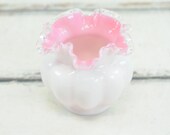 Vintage Pink and White FENTON SILVERCREST Ruffled Crimped Cased Glass Melon Bowl