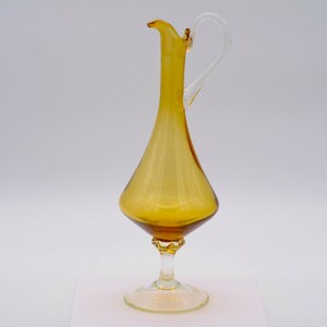 Vintage Hand Blown Art Glass Amber Pitcher/Decanter With Clear Applied Handle and Stem