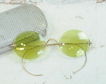 Vintage  Eye Glasses Gold with Green Lenses Marked IS2 with Case and Cloth