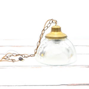 Vintage 12.5&quot;D Holophane Glass and Brass Hanging Pendant Light 10.75&quot;H Working