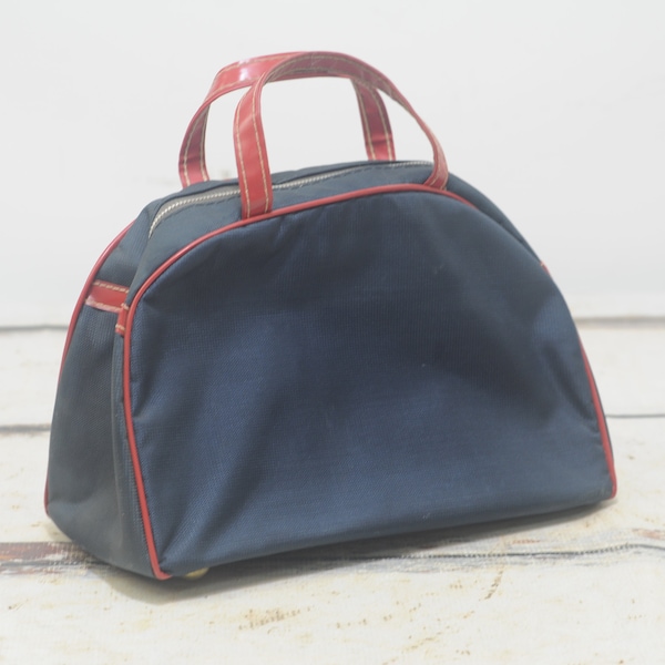 Vintage Small MidCentury Travel Case Cosmetic Bag Navy Blue With Red Patent Leather Trim