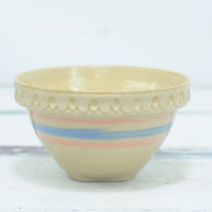 Antique Yellow Ware McCoy Stoneware Bowl USA Mixing Bowl Blue/Pink Stripes McCoy 7.5&quot;