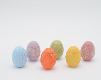 6 uova di Pasqua vintage anni '80 in ceramica, dipinte a mano, decorazione pasquale