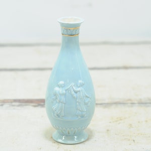 Vintage . 1970s Pale Blue Porcelain Bulb Shape Bud Vase Small Vase Embossed Angels