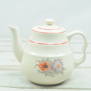 Vintage . Teapot Coffee Pot Pottery Teapot Orange Highlights Flowers