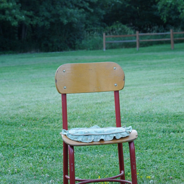 Vintage School Chair Childs Eames Era MidCentury Stool Wood Metal Chair Red Chai