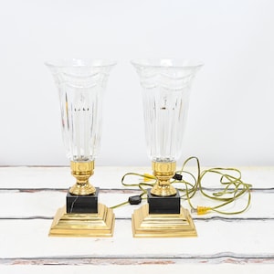 HTF Pair Of Vintage Waterford Crystal Brass and Marble Pompeii Hurricane Lamps