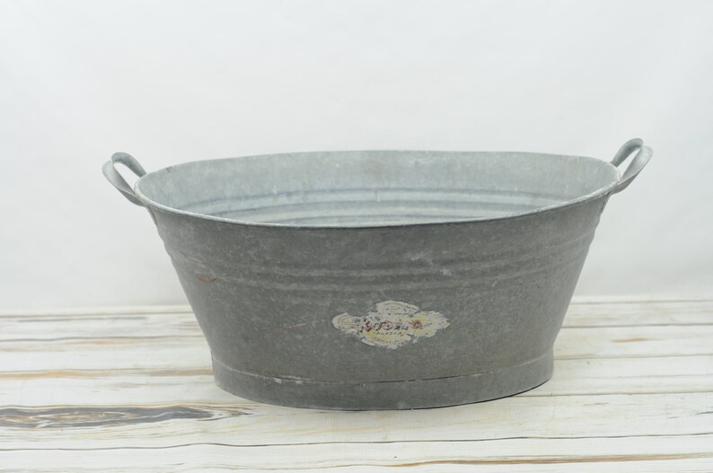Vintage Galvanized Zinc Metal Oval Farmhouse Wash Tub Bath Tubyugoslavia Label