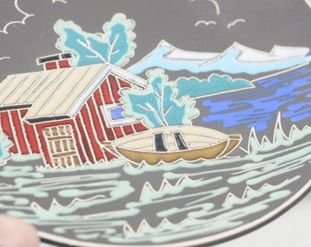 ノルウェー 銅製 エナメル絵皿　Bjornstad ビョーンスタッド ヴィンテージ ナウスト 陶器 吊り皿 高光沢エナメル ハウス #908