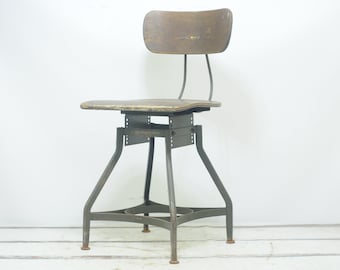 Rare Vintage . 1940's Toledo Drafting Chair Stool Industrial Metal Maple Wood Steampunk