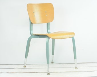 Vintage 1960's Bent Wood and Blue Green Metal Desk Chair School Chair Industrial Metal Good Condition +