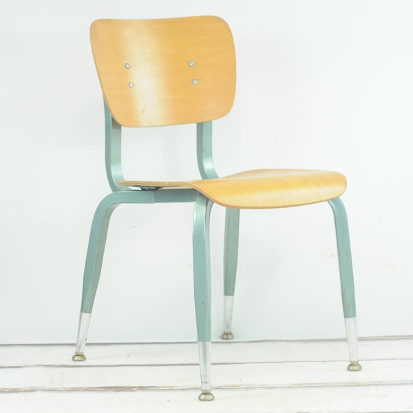 Vintage 1960's Bent Wood and Blue Green Metal Desk Chair School Chair Industrial Metal Good Condition +