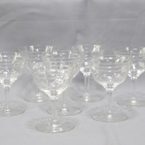 7 Etched Crystal Glasses Etched Flower and Vine Cut Glass Stemware Champagne, Cordial Glasses