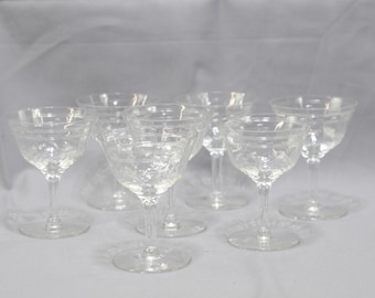 7 Etched Crystal Glasses Etched Flower and Vine Cut Glass Stemware Champagne, Cordial Glasses