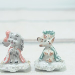 Sweet Vintage . Porcelain Puppy Dog and Cat Figurines With Capes and Bows On Pillows Made in Japan Collectible
