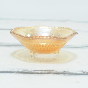 Vintage Iridescent Orange Amber Marigold Carnival Glass Bowl with Ruffled Sawtooth Rim 3 Footed Candy Dish Decorative Collectible