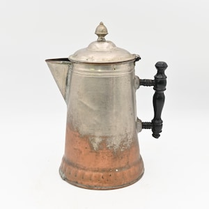 Antique . Rome Nickel Plated Copper Coffee Pot Tea Pot Hinged Lid Wood Handle