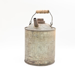 Vintage ./ Antiek Hibbard? 1? Gallon zinkolie blikje brandstofblik groene rand bloem in reliëf op bovenkant houten handgreep