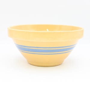 Antique Yellowware 8&quot; Hull? Pottery Co., Yellow Ware Bowl Blue Stripes