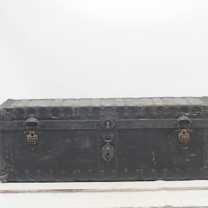Fabulous Antique . Hand Made Wood Carpenters Chest Iron Hardware Primitive AAFA Folk Art Wood Trunk 33x10.5x12+
