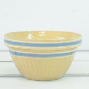 Antique .  Yelloware Stoneware Dough Mixing Bowl Beehive Blue and White Stripes