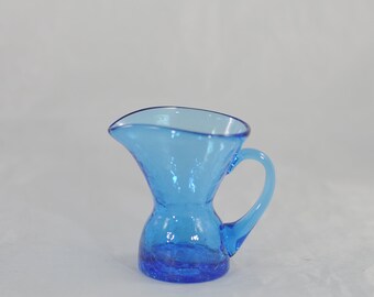 Vintage . Blue Art Glass Pitcher Small Pitcher Blue Crackled Glass Pitcher