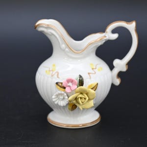 Vintage . Small Detailed Ceramic Pitcher Creamer With Multi Color Raised Flowers Exc Cond