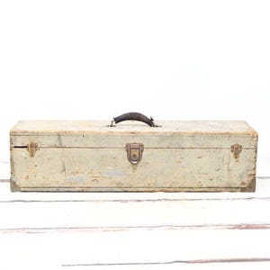 Antique Carpenters Box Antique Wood Toolbox Greenish Gray Wood Trunk Leather Handle