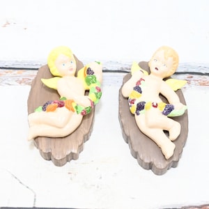 Vintage Pair of Ceramic Angel Plaques With Garland 1975 Artist Marked Wall Hanging