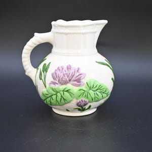 Vintage 1971 Handmade Pitcher Ceramic Hand Painted Lily Pads Design Glazed Interior Signed