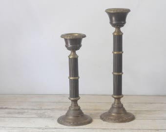 Vintage . Pair of Brass? Tall Pillar Candle Holders Beautifully Decorated