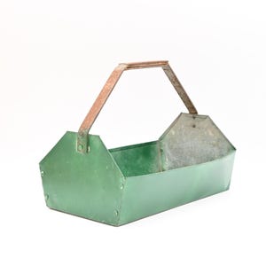 Vintage . Green Steel Tool Tote Industrial Brown Tote Fixed Steel Handle