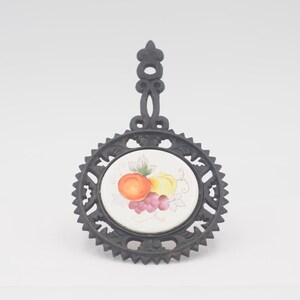 Vintage Black Iron Ceramic Tile With Fruit Trivet Kitchen Wall Decor Counter Decor