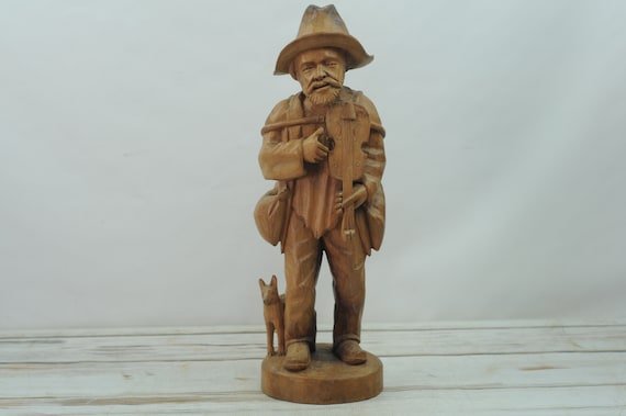 Vintage . Folk Art Decor Carved Solid Wood Hobo Traveler Man Dog