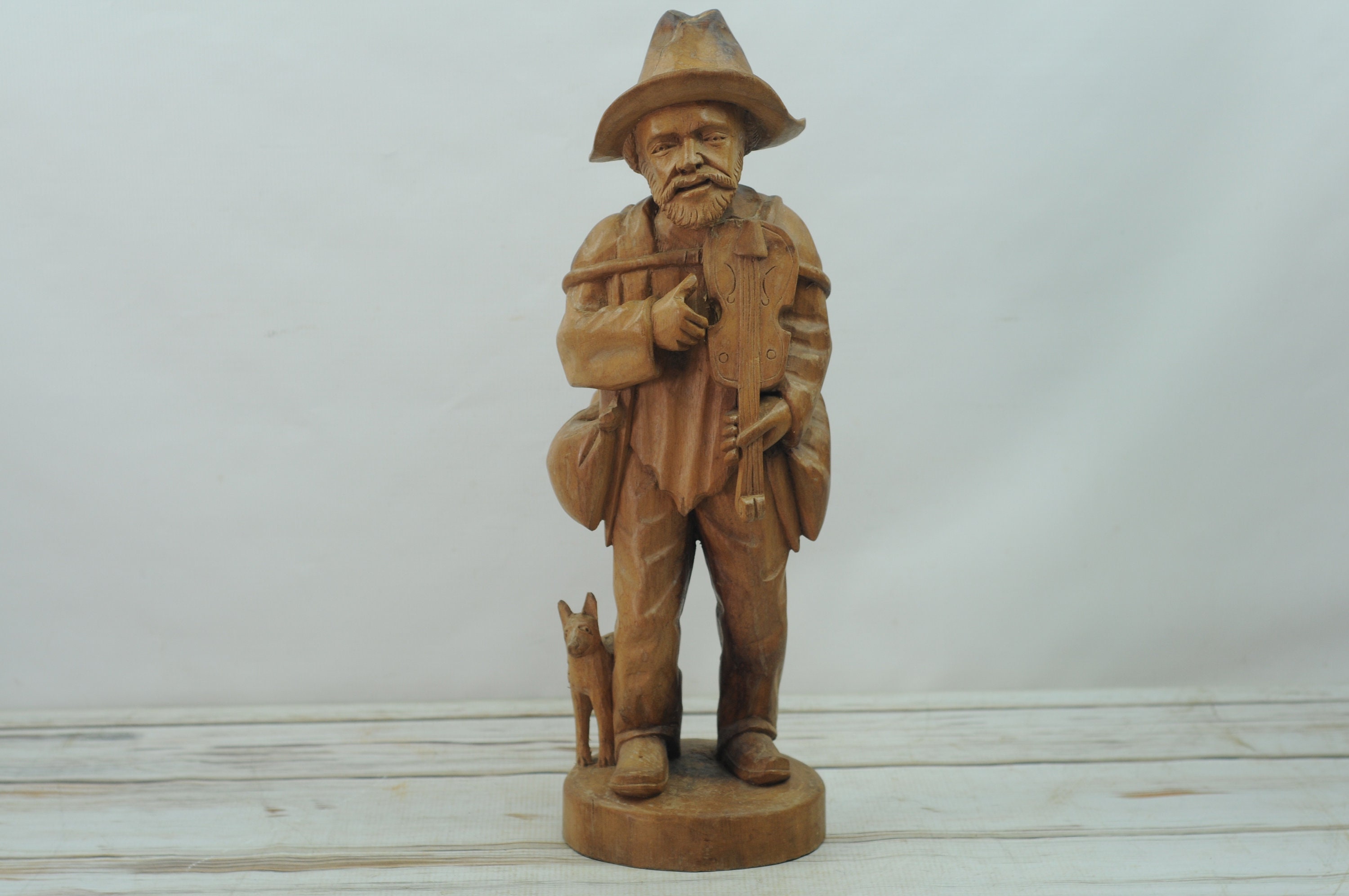 Vintage . Folk Art Decor Carved Solid Wood Hobo Traveler Man Dog