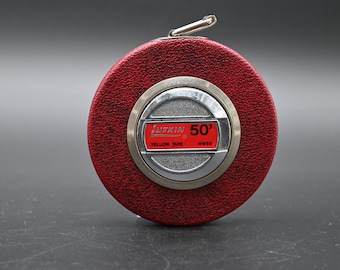 Cinta métrica vintage Lufkin de 50 pies, de acero revestido de amarillo de 3/8”, HW 50