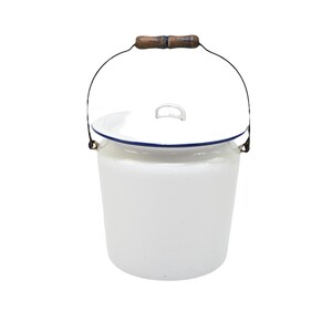 May include: A white enamel bucket with a matching lid, featuring a thin dark blue rim around the top edge. The bucket includes a thin metal wire handle with a cylindrical wooden grip in the center for carrying, and a small metal handle on the lid.