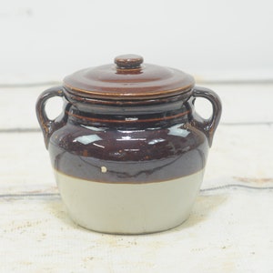 Vintage . Brown Stoneware Crock With Handles Bean Crock Covered Jar #2