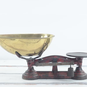 Antique . Scale Balance Scale Candy Scale Very Large Brass Pan Original Red Paint
