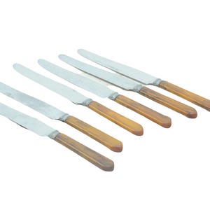 6 vintage Federal middagssmörknivar Butterscotch Bakelit Catalin rostfritt stål