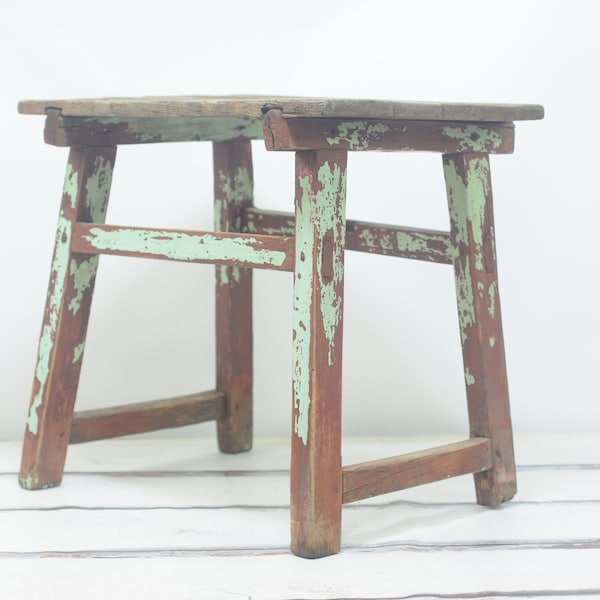 Antique Primitive Handmade Wood Side Table Chippy Green and Red Pine Wood Night Stand End Table AAFA Primitive Decor Table Farmhouse Cottage