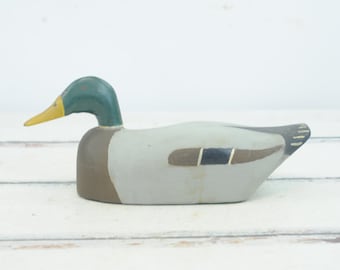 Vintage . Primitive Carved Wood Duck Decoy Hand Carved Painted Wood Male Mallard Figurine Display
