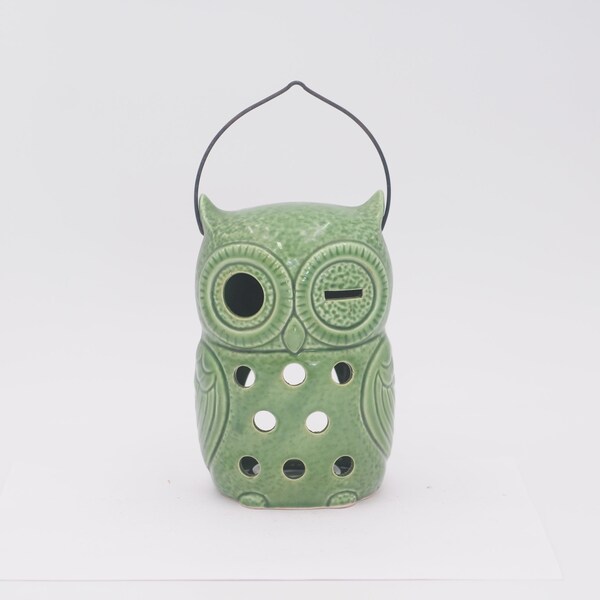 Vintage . Green Winking Owl Hanging Candle Holder Lantern Made in Japan