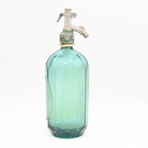 Antique . Vintage Aqua Blue Romanian Seltzer Soda Bottle 12 Sided