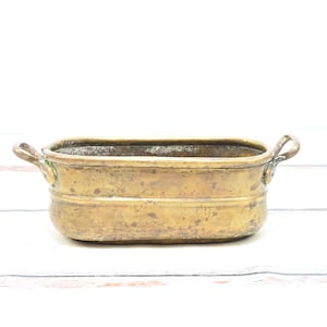 Vintage Oval Hand Hammered Solid Copper Planter Garden Pot Decorative Bowl Forged Brass Handles