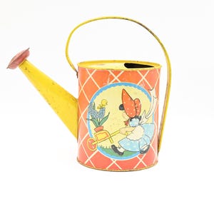 Vintage Tin Lithograph Ohio Art 134 Toy Tin Toy Watering Can Sprinkling Watering Can Boy and Girl Gardening