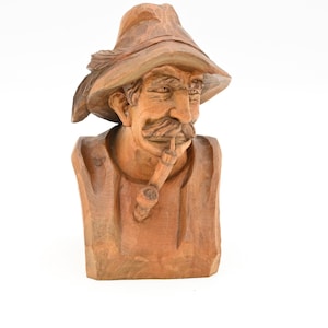 Vintage German Black Forest Hand Carved Wood Peasant Bust Man Tobacco Pipe Signed #2