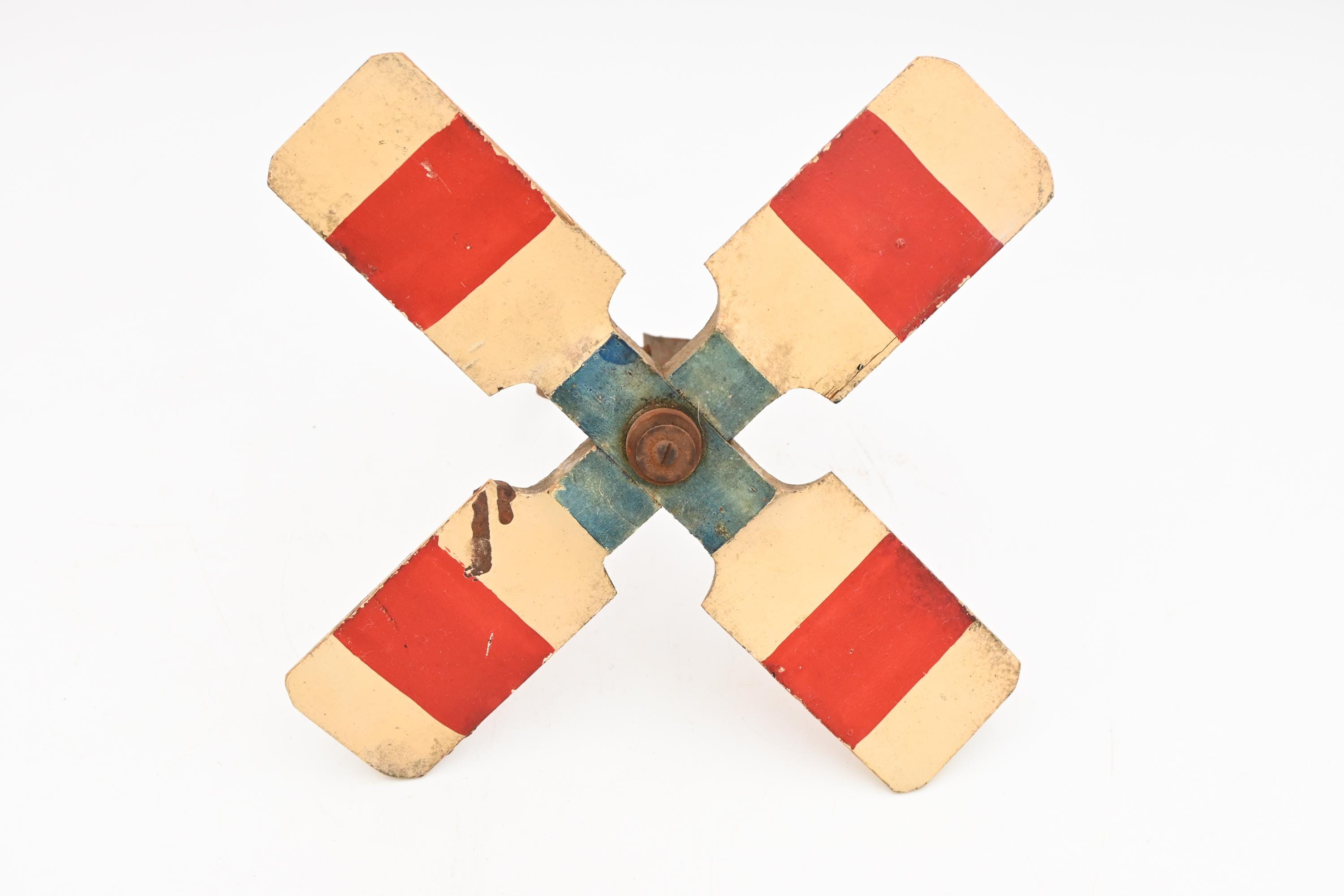 Antique/Vintage . Folk Art Whirligig Wood PropellerRed White And Blue Blades